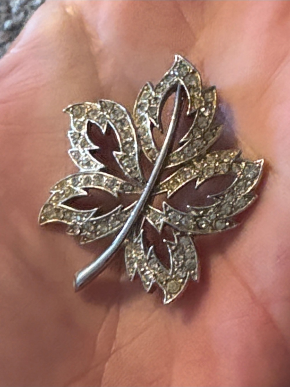 Vintage Signed ORA Rhinestone Leaf Brooch